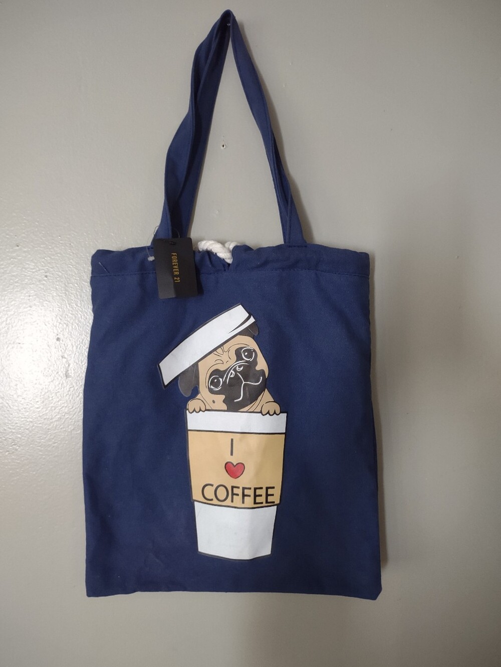Forever 21 Pug Mug Blue Tote 'I Love Coffee' Totebag